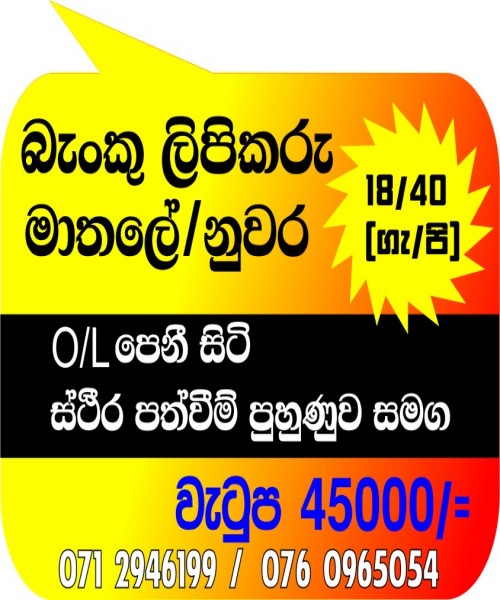 Semi Government Bank Receptionist Kandy
