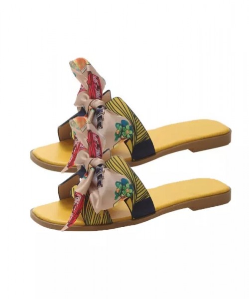 Women Printed Bowknot H Shape Faux Leather Sandals Summer Flat Slippers